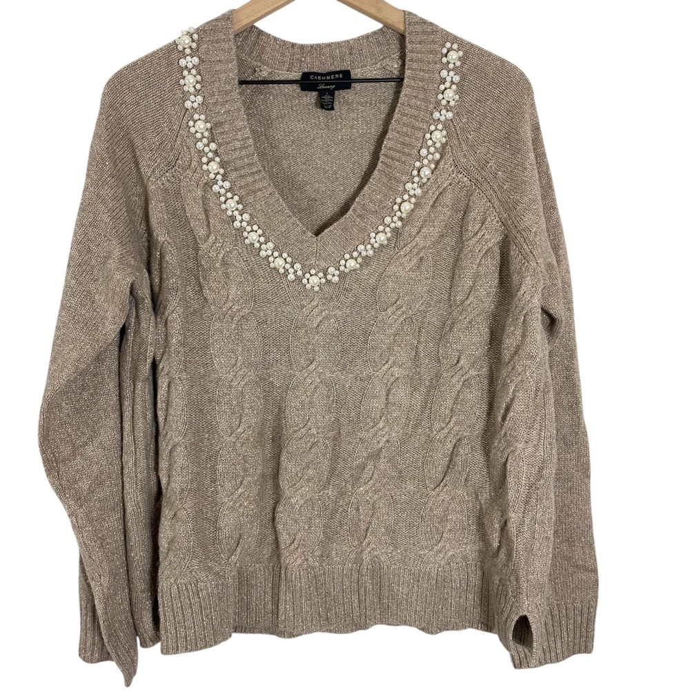 Charter Club Womens Sweater L Beige Cashmere Metallic Pearl Cable Knit Luxury